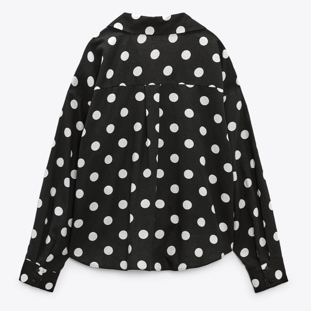 Zara NWT linen black & white polka dot knot front button front long sleeve shirt - Picture 7 of 10